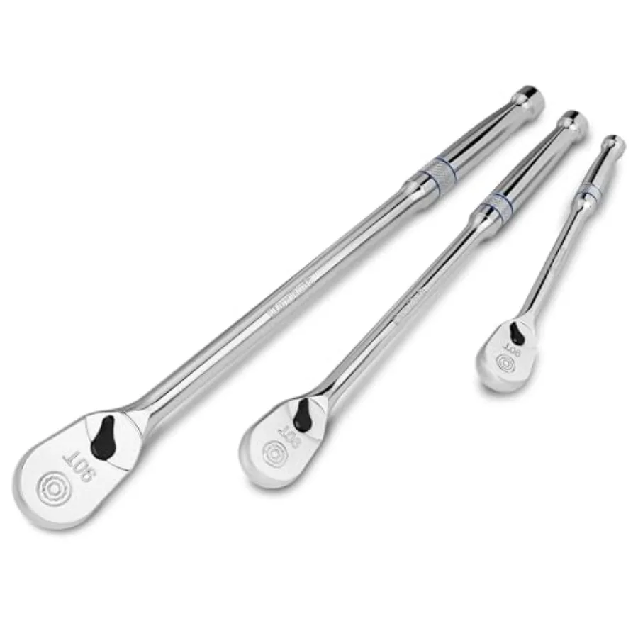 

Набор из 3 удлиненных трещоточных ключей с головками 1/4" и 3/8", 90 зубьев, пылезащищенная закрытая головка в форме капли, реверсивные, из стали CR-V