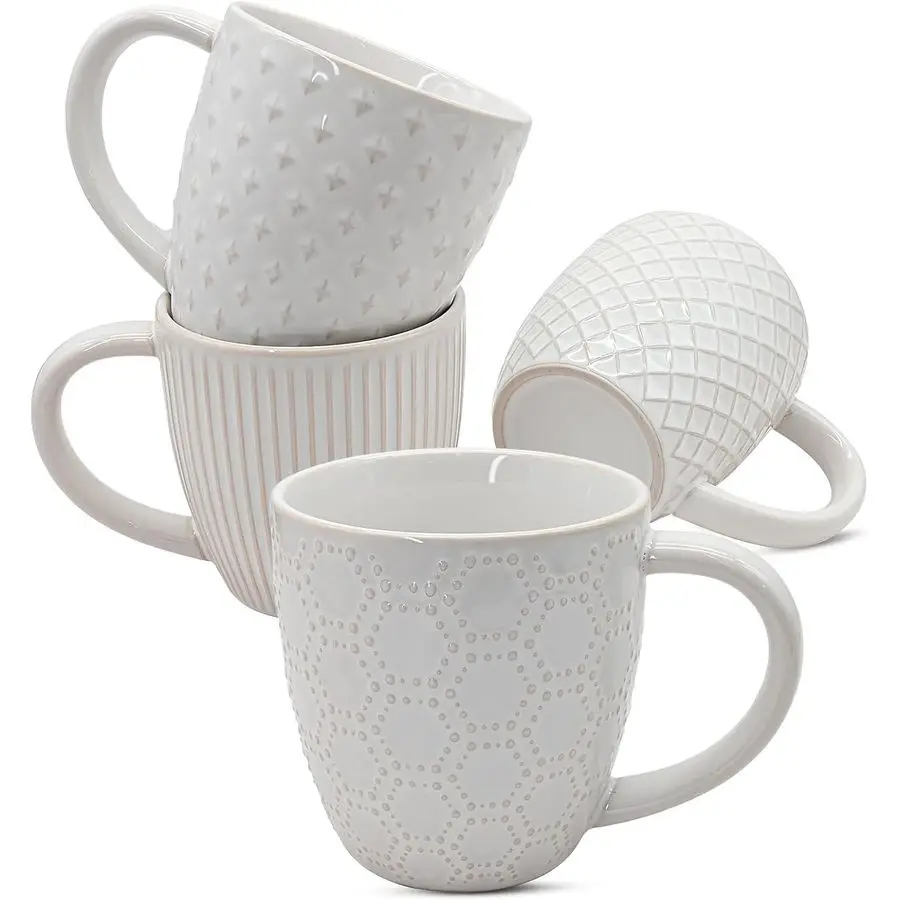 

Набор из 4 керамических кофейных кружек с тиснением, 14 унций, без свинца, подходят для микроволновой печи и посудомоечной машины, для дома, офиса, кафе, чая, какао