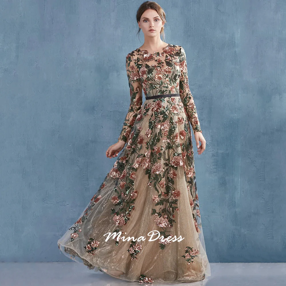 

Mina Customized Round Collar Prom Dresses for Special Occasions Line A Evening Dress Luxury Elegant Party Dresses Woman Flowers