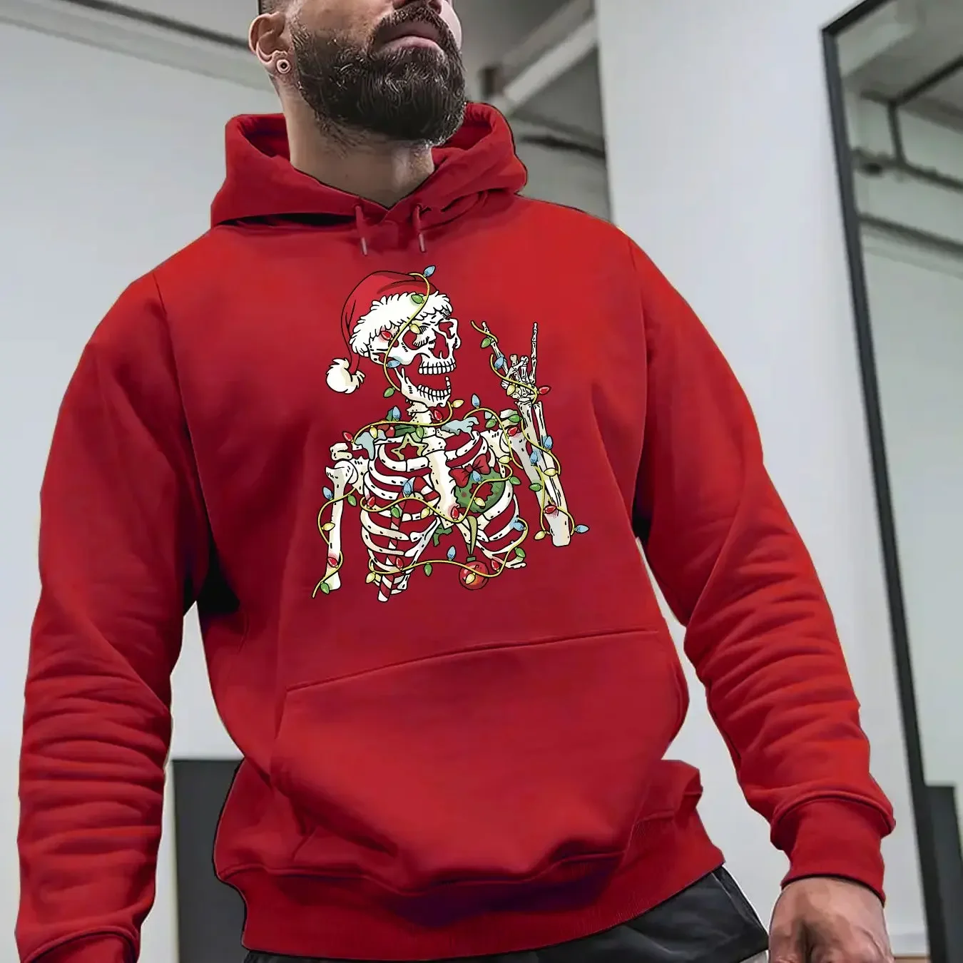 Spooky Xmas Skull Skeleton Santa Cap Multicolor String Light Edgy Casual Holiday Hooded Sweatshirt Men Women Christmas Hoodie - view 4