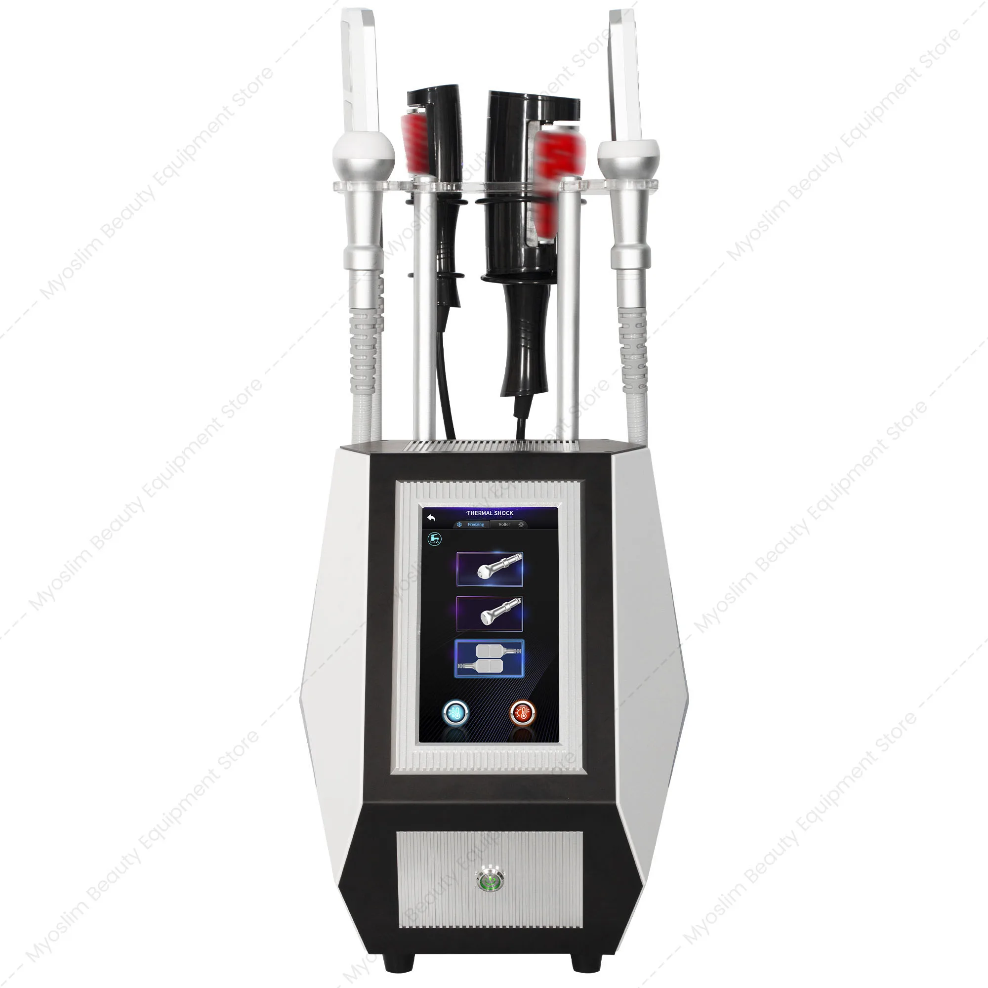 MYOslim hot and cold EMS beauty device is used for facial and body care, with rollers to achieve skin regeneration and shapin