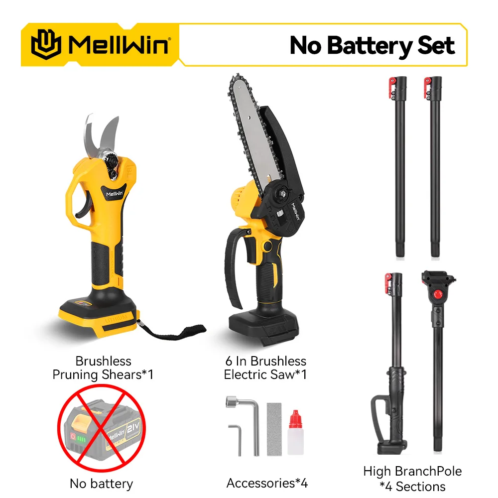 MELLWIN 3-in-1 Borstelloze 6 Inch Kettingzaag & 30MM Snoeischaar Set met 2M Telescopische Steel Tuin Gereedschap voor Makita 18V Accu