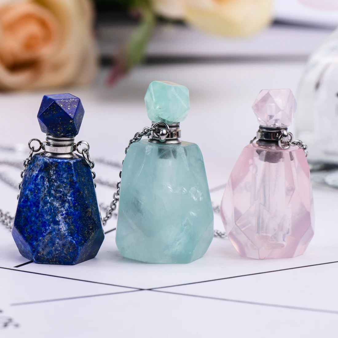 

Кулон-флакон для духов из натурального камня, подвеска-диффузор для эфирных масел, ожерелье с бусинами из кристаллов