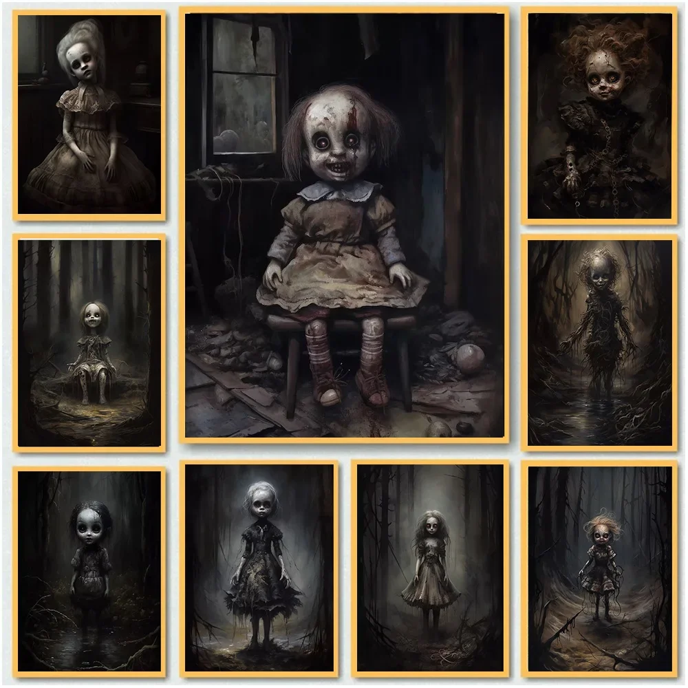 Halloween Haunted Doll Art Poster Prints For Living Room Home Decor Gothic Horror Movie Ghost Doll Canvas Painting Wall Art