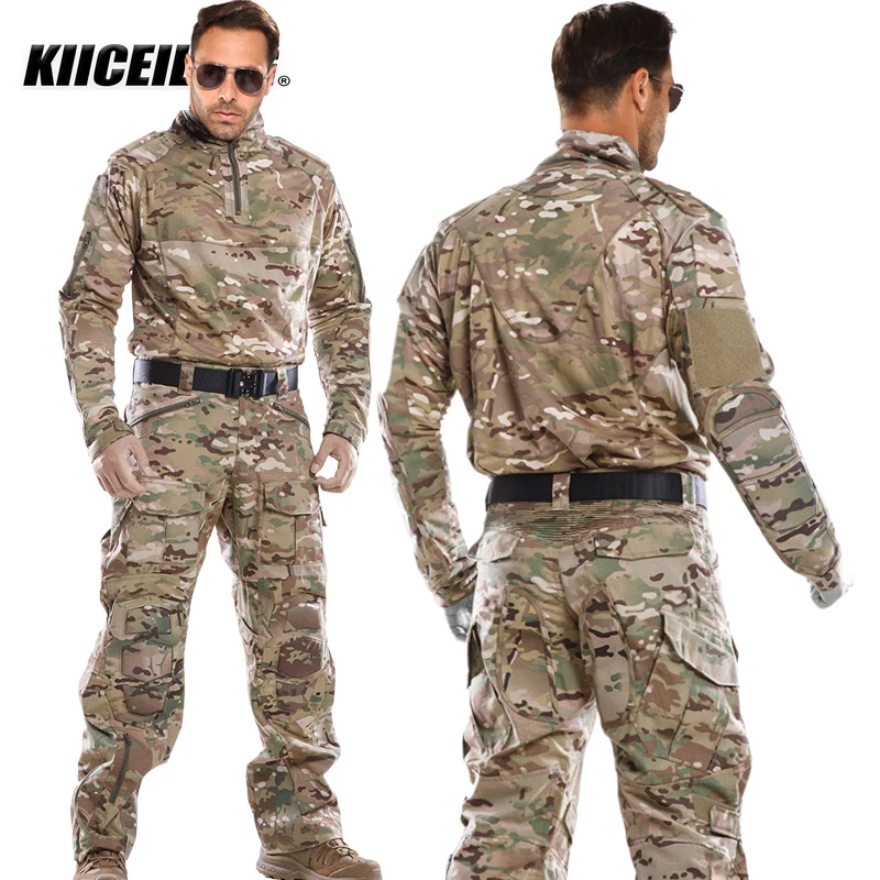 KIICEILING Hunting Multicam Ghillie Suit Combat Shirts And Pants Tactical Uniform Camouflage Clothes With Knee Pads