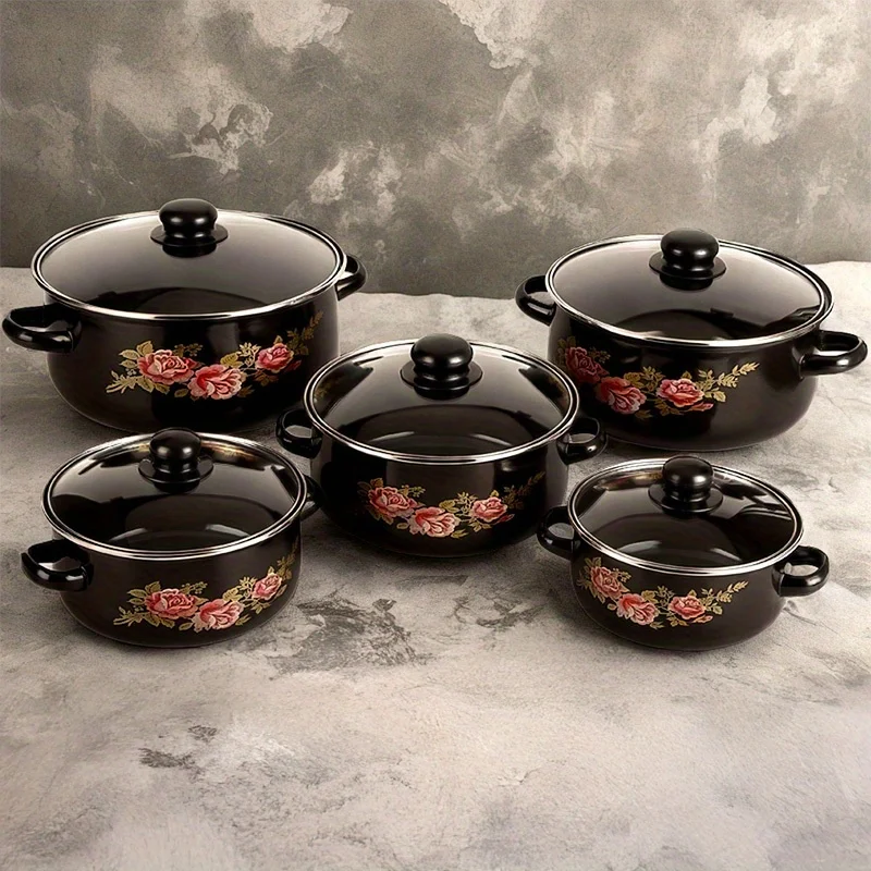 

10pcs Set Enamel Pot Set, Multifunctional Thickened Glass Lid Soup Pot & Stew Pot, Suitable for Open Fire, Induction Stove, Gas, Restaurant & Kitchen Use, Daily Cooking Supplies