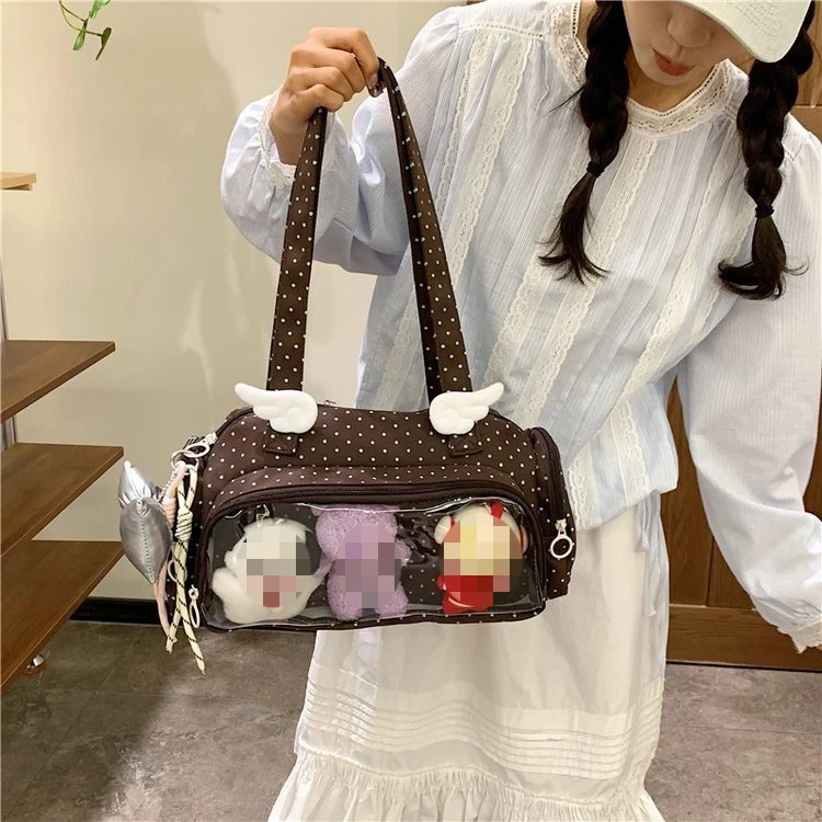 Large Capacity Polka Dot Ita Bag with Angel Wings Clear Window, Kawaii Anime Doll Display Shoulder Bag for Comic Con