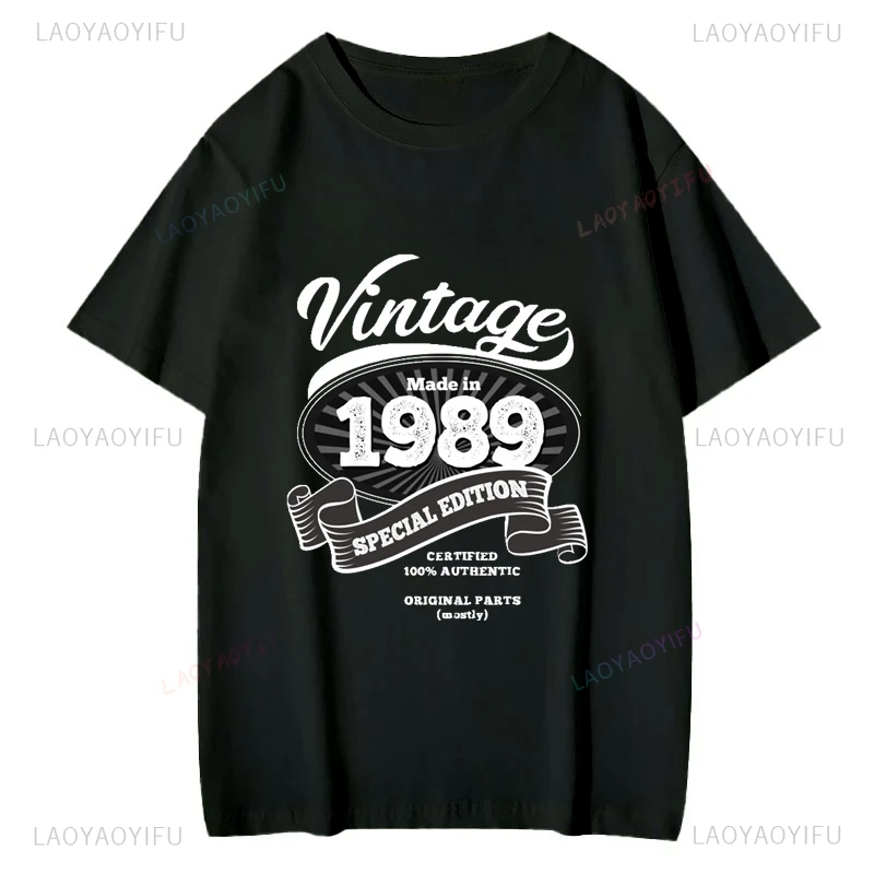 هدية تذكارية لعيد ميلاد 1989، بلوزة منقوشة على الطراز العتيق، قميص بأكمام قصيرة للجنسين، تي شيرت قطني للشارع اليومي