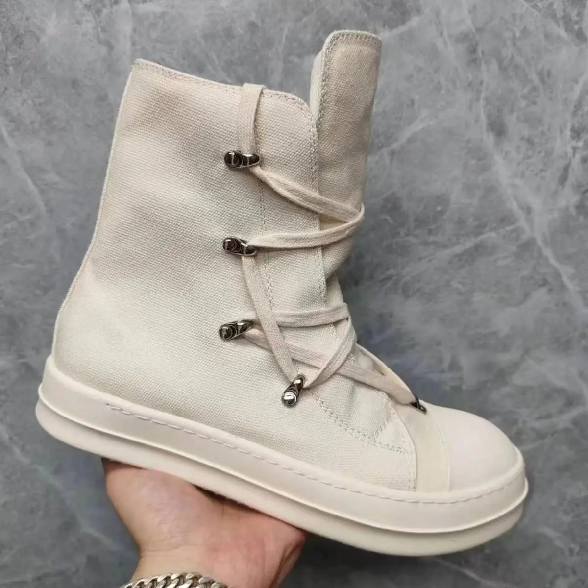 

High Top Beige White Canvas Rivet Zipper Boots Men Flats Fashion Trainers Big Size 45 46 47