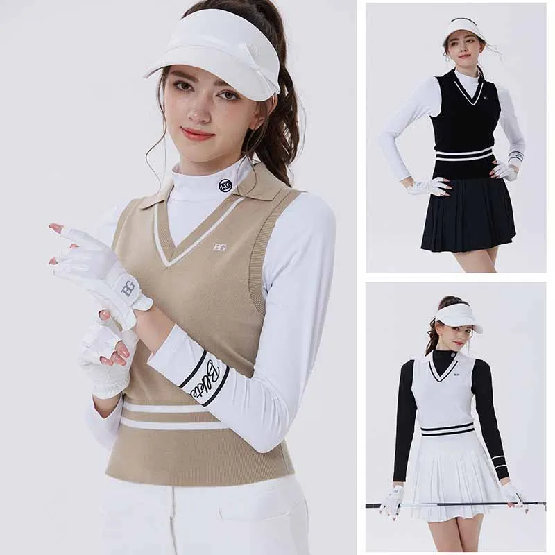 Blktee Golf Women Vest Top Sleeveless V-Neck Knitted Shirts Autumn Slim Sweaters Ladies A-lined Pleated Golf Skirts with Short