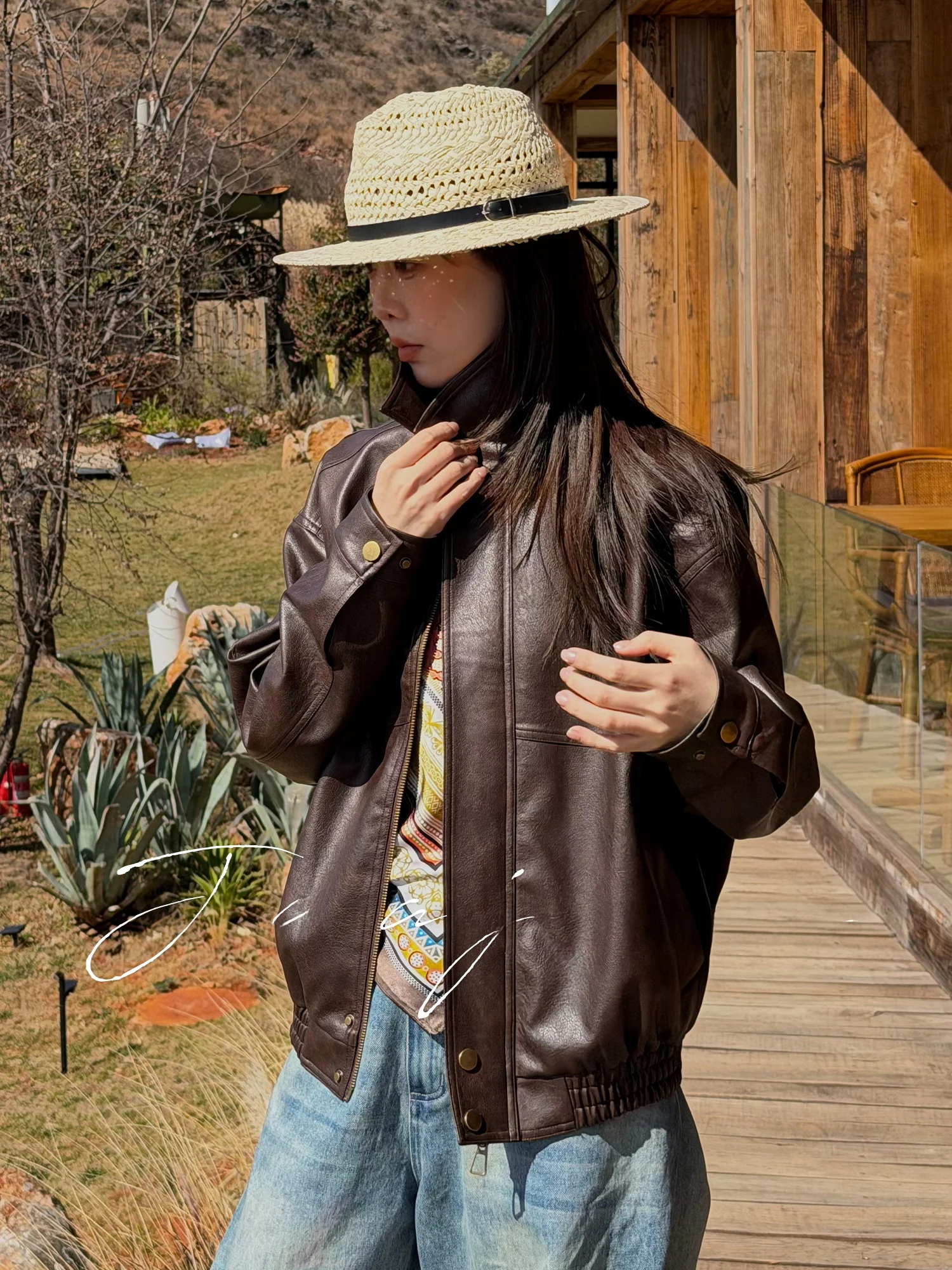 

Jaajaaa Edinburgh Design Neutral Functionali Retro Collar Straight Leg Casual Leather Jaet Outerwear XXC PU Leather Coat