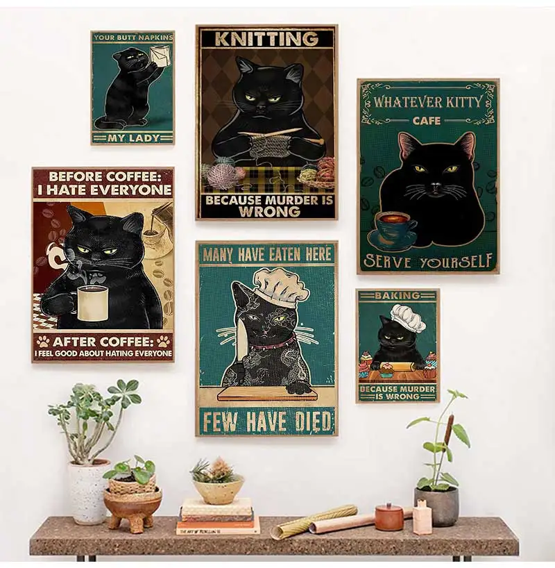 Vintage Cat mischievous Home Decoration Canvas bathroom decor affiches deco murale