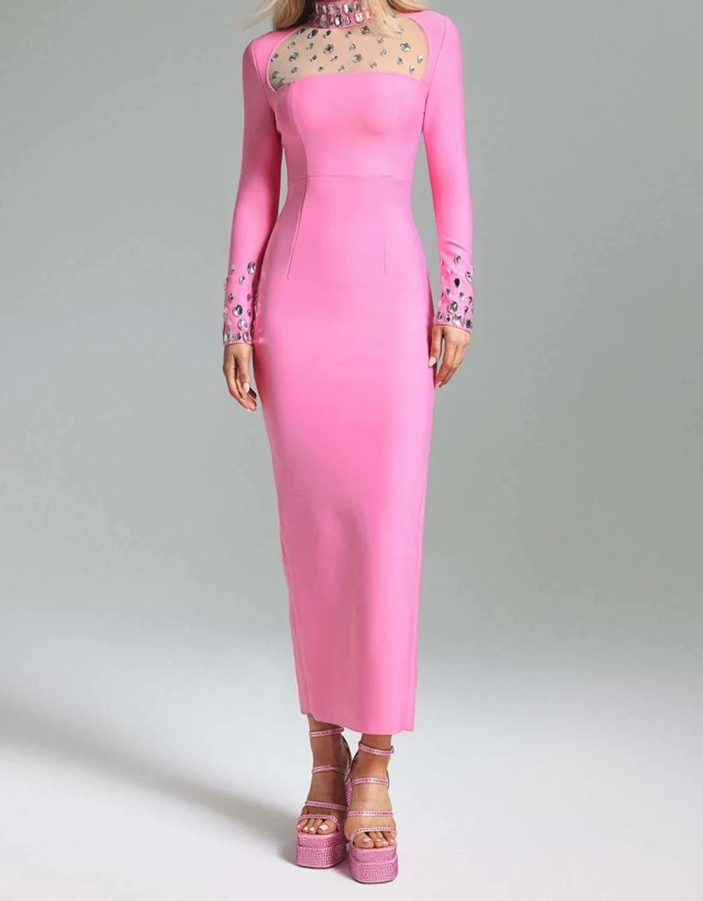 

Осенне-зимнее платье с длинными рукавами и разрезом, популярная однотонная сетка с ромбовидным круглым вырезом, тонкая длинная юбка до бедер-GZXX1382