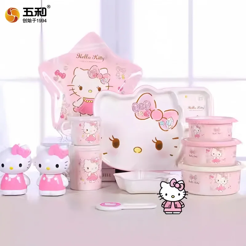 Hello Kitty Kinder-Essgeschirr, Verbrühungsschutz, Unterteilte Teller, Löffel, Cartoon-Wasserbecher, Reisschalen, Rosa, Niedliches Baby-Essgeschirr