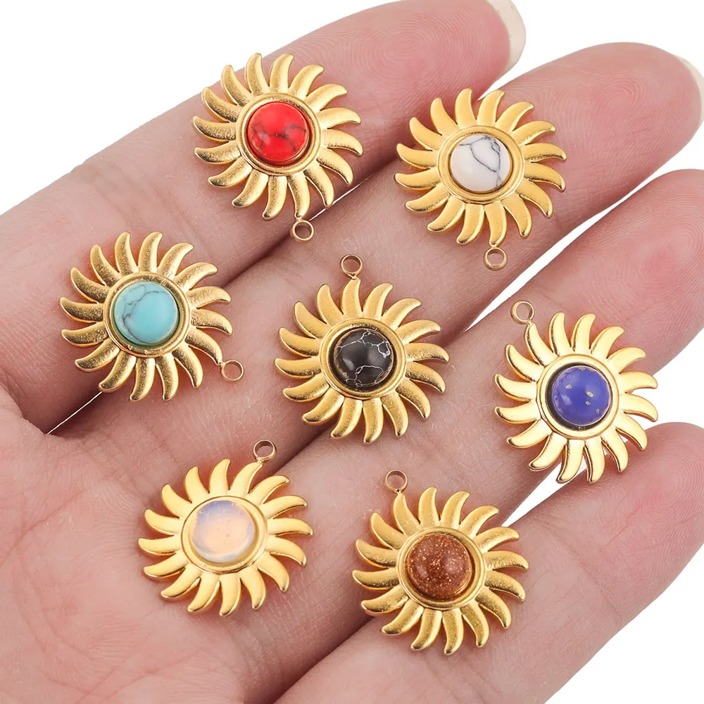 5pcs Stainless Steel Charms Sun Flower Natural Stone Pendant Gold Plating DIY Earring Necklace Jewelry Making Supplies Wholesale