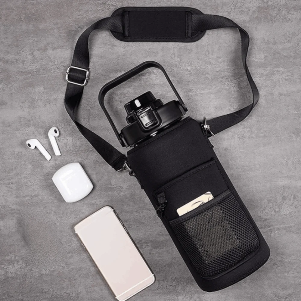 Neoprene Sport Water Bottle Cover Mesh Pack Adjustable Shoulder Strap Tumbler Holder Bag Large Capacity Can Hang Key