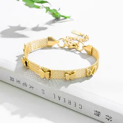 316L Stainless Steel New Fashion Fine High-end Jewelry 2 Layer Welding Matte 5 Butterfly Charm Mesh Chain Bracelets For Women