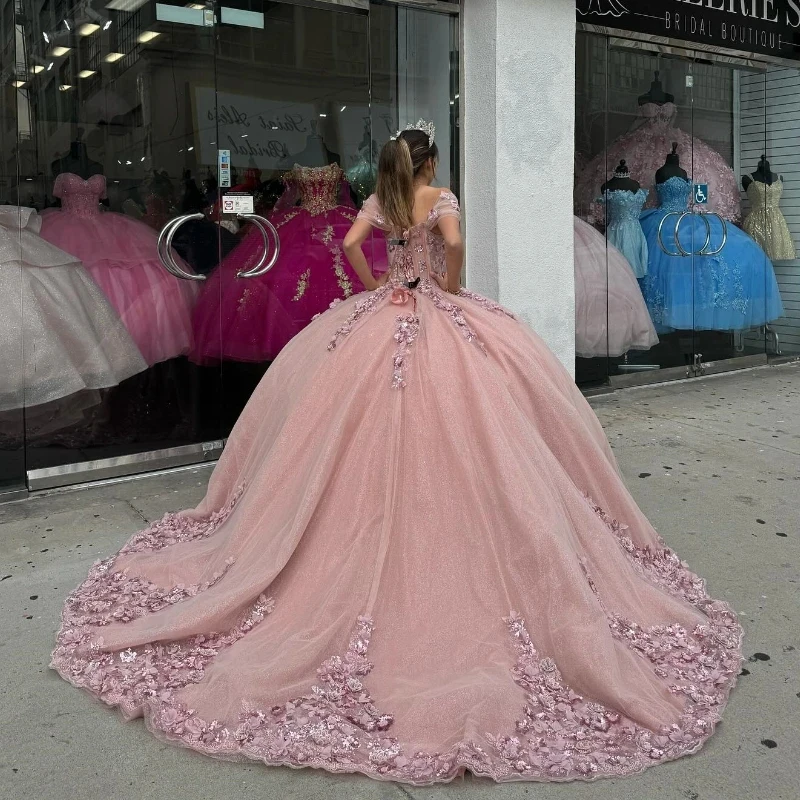 EVLAST-Vestido De quinceañera rosa De lujo, Vestido De baile, apliques De encaje Floral con cuentas, corsé De México dulce 16, 15 años, TQD392