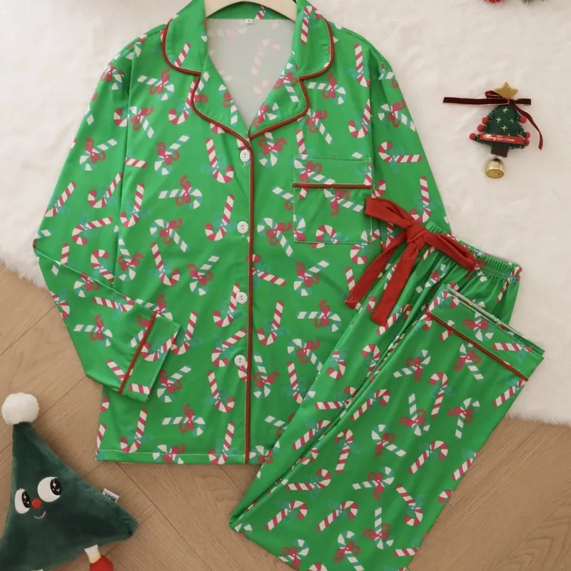 Stylish Patterned Print Women‘s Soft Cotton Pajama Set, Lapel Collar Long Sleeve & Long Pants Relaxed Fit, Breathable Lightweigh