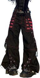 Women Gothic Cargo Jeans Wide Straight Leg Punk Grunge Baggy Pants Goth Aesthetic  Streetwear Trousers