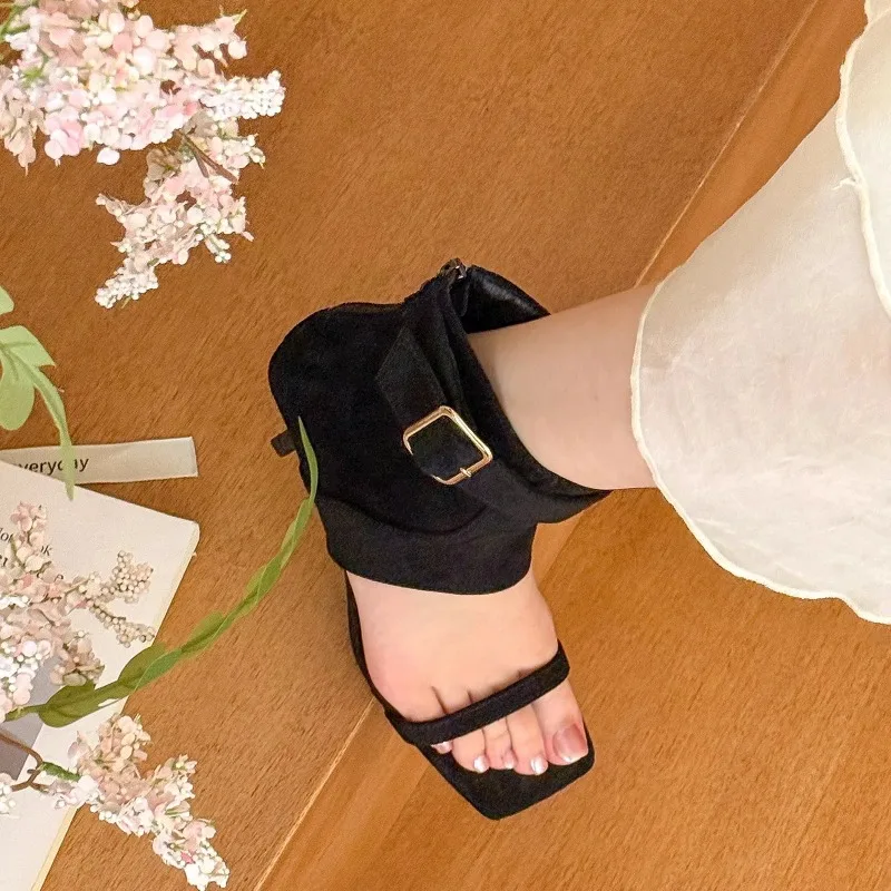 Retro Summer New Square Toe Open Toe High Heel Cold Boots Women's Metal Buckle Non-slip Wear-resistant Stiletto Shoes view 4