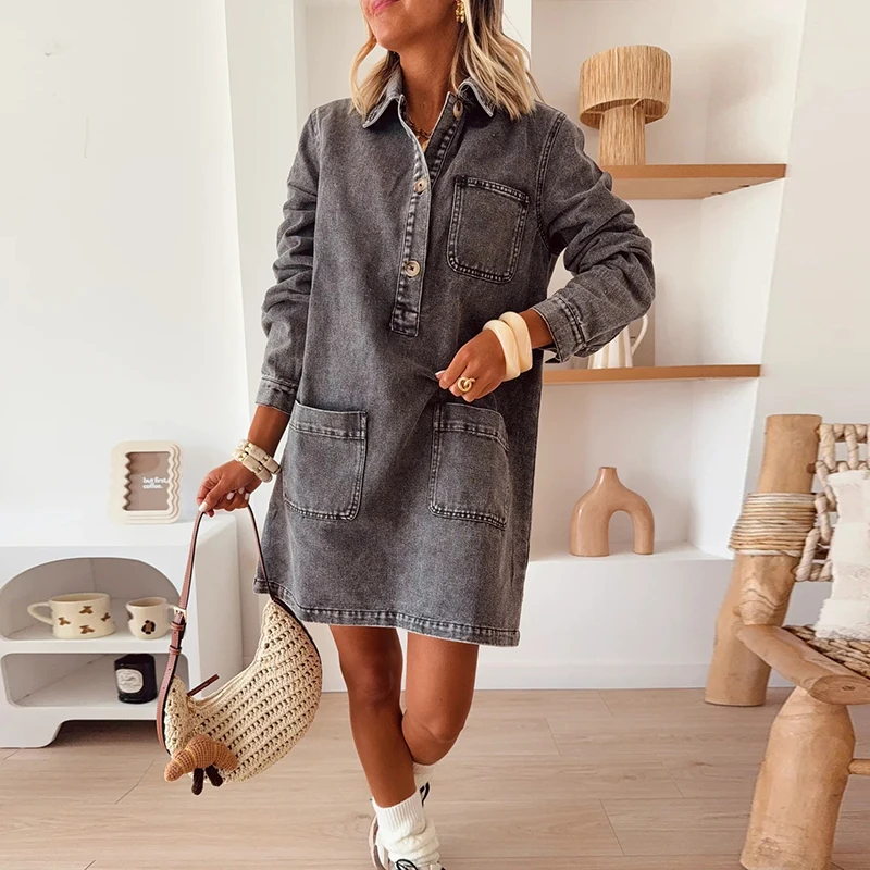 خمر ليوبارد طباعة جيب مكتب اللباس المرأة عارضة عالية الخصر ألف خط فساتين الربيع طويلة الأكمام فضفاضة الدنيم فستان قصير