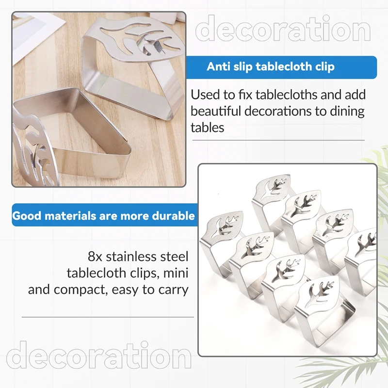 8 Pcs Silver Stainless Steel Tablecloth Clip Creative Leaf-Shaped Table Fixing Clip Thickened Non-Slip Tablecloth Rack-ABEO