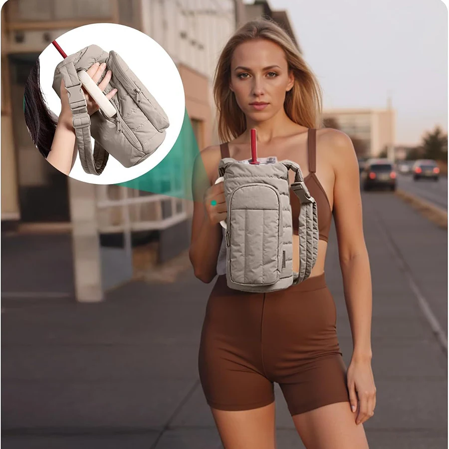 Insulated Water Bottle Bag with Strap Large Capacity Insulating Cup Sleeve Portable Sling Purses for Outdoor Hiking Travel Sport