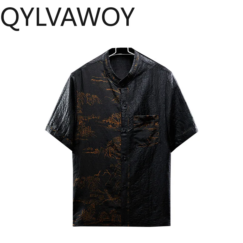 QYLVAWOY 100%Natural Mulberry Silk Men's Shirts Summer Tops Short Sleeve Xiangyunsha Shirts High Quality Menswear Clothing Daily