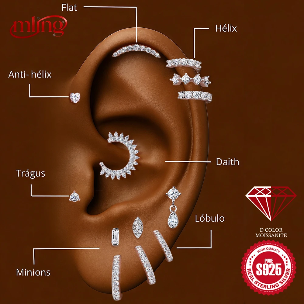 

MLING Moissanite Helix Flat Back Piercing Hoop Earring for Women 925 Sterling Silver Flower Geometric Stud Earring Jewelry Gift