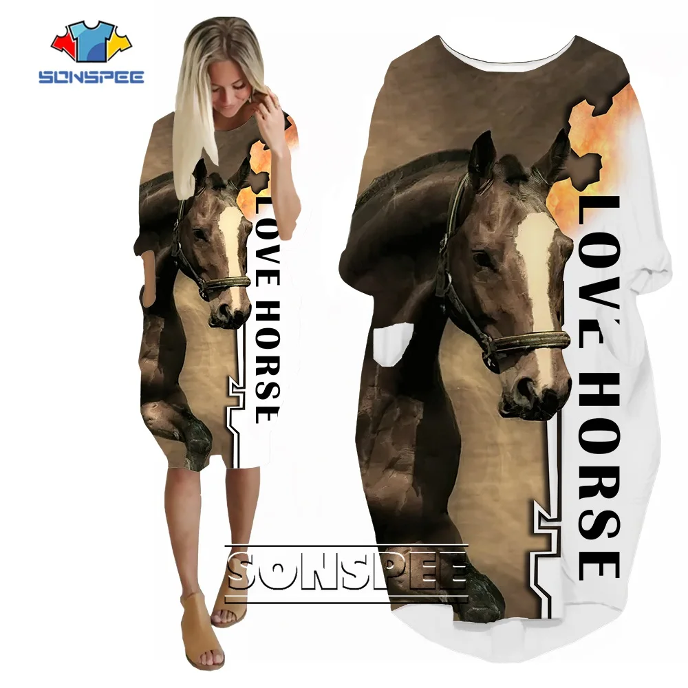 SONSPEE Love Horse 3D Print Women's Dress Animal Horse Image Pockets Skirt New Fashion Personality Long Sleeve Knee Length Gown