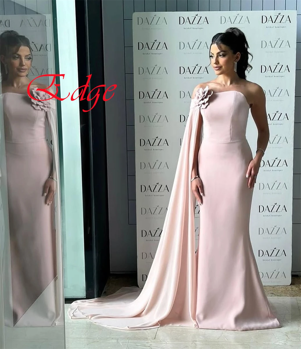 ที่กําหนดเองง่ายแชมเปญ Jersey ชุดราตรีคลาสสิก Strapless ปิดไหล่ผ้าคลุมไหล่ซิปด้านหลังดอกไม้ Homecoming Dress