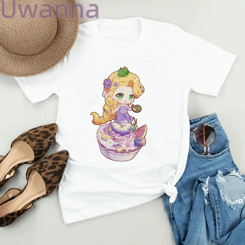 Kawaii Tangled Princess Women T-shirt  Ariel Anime T Shirts Cute Food Cartoon Casual Clothes Oversized Unisex Fashion Streetwear