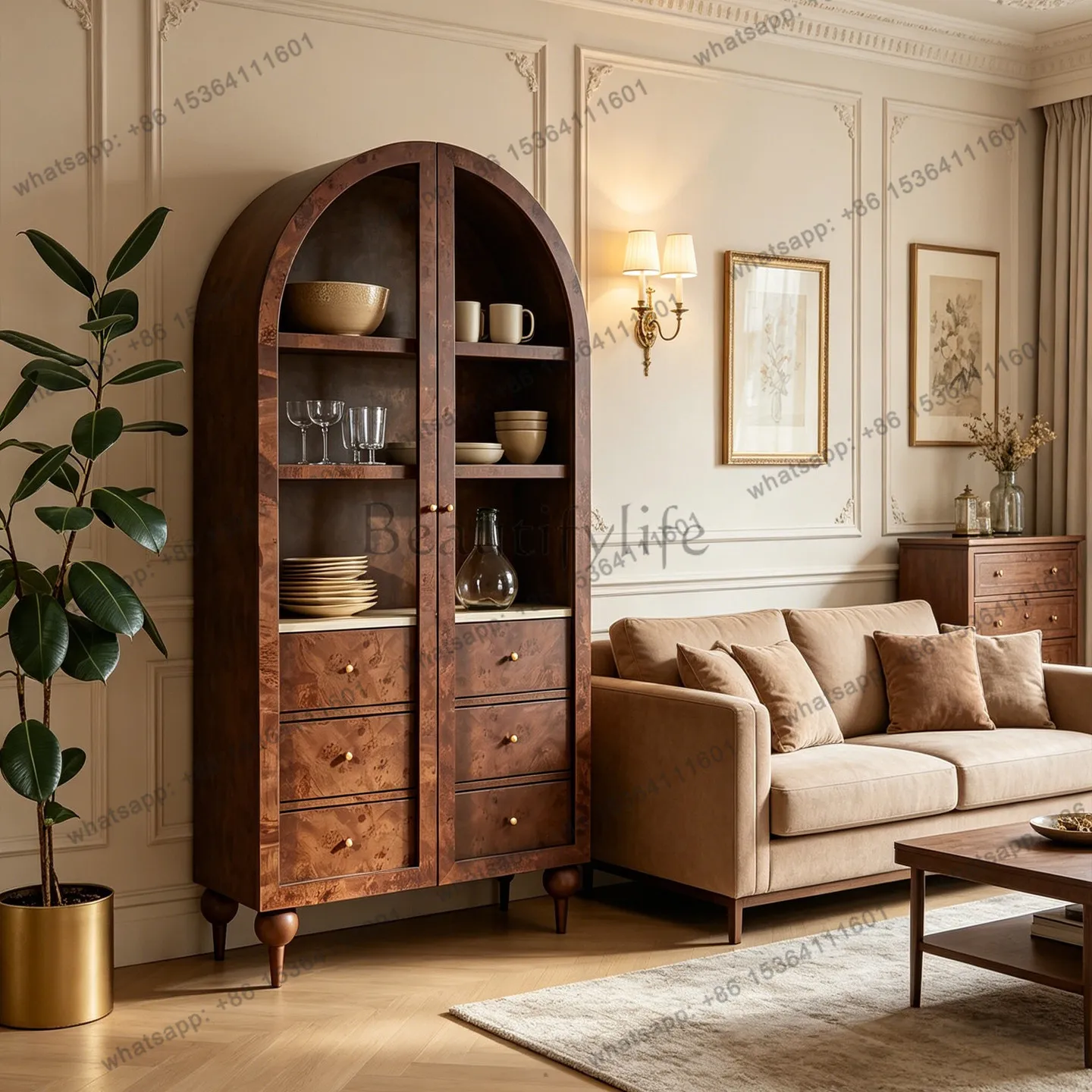 

French vintage solid wood arched wine cooler villa living room glass door against the wall multifunctional sideboard