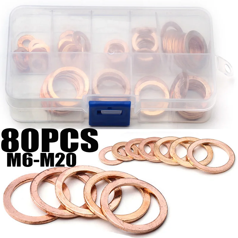 

80Pcs Solid Copper Washers M6/M8/M10/M12/M14/M16/M18/M20 Flat Spacer Ring Oil Brake Sealing Kit 8Sizes Gaskets with Box Gasket