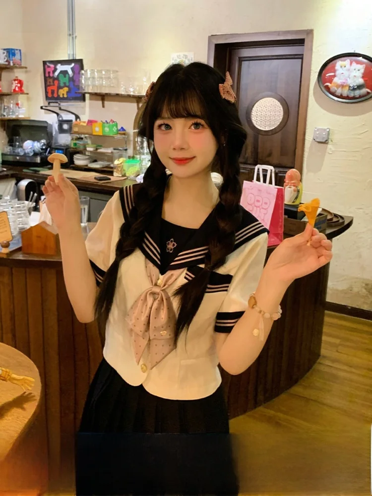 

Slim Fit Japanese Sle ort Sve irt for Women Summer Sle Student orm Top Flower Bell Lady's Faionable irt