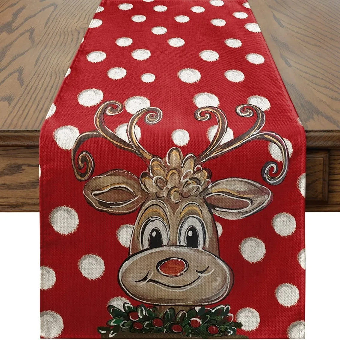 

Cartoon Reindeer Polka Dot Red Linen Table Runners Seasonal Winter Xmas Dresser Scarf Holiday Party Kitchen Dining Table Decor