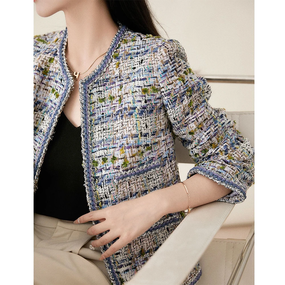 IRENE TINNIE Spring High Quality Women Wool Jacket Fashion Clothing Temperament Commuter Clothing Tweed Blue Small Fragrant Coat