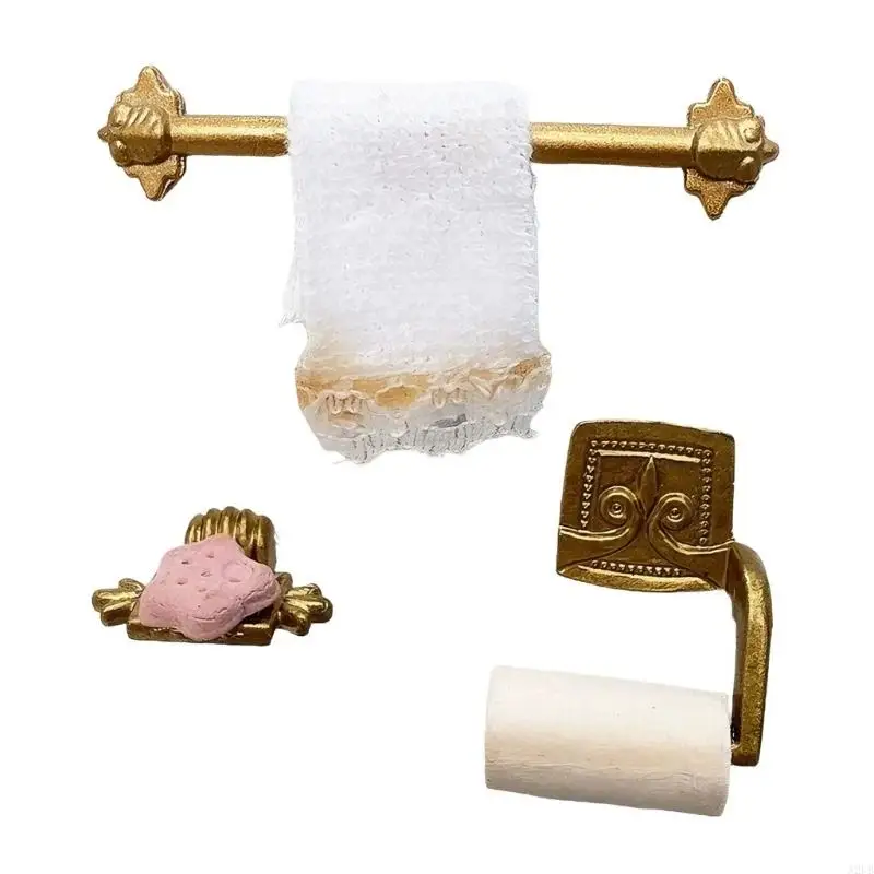 Juego accesorios escena baño en miniatura para casa muñecas, toallero Metal, soporte para pañuelos, dispensador