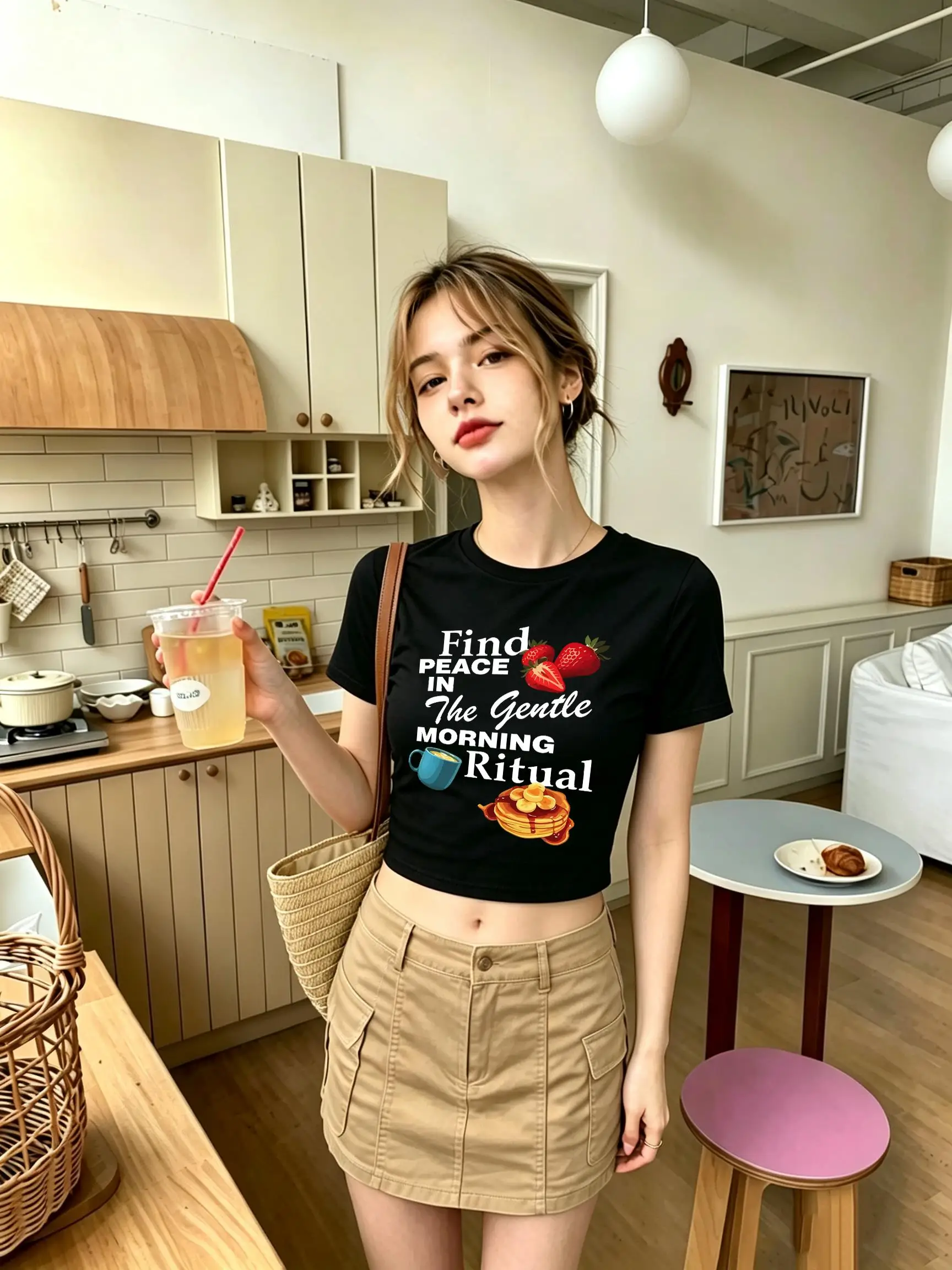 Gentle Morning Ritual Print Women T Shirt Summer Cotton Tee Shirts Breathable Slim Y2K Short Sleeve O-Neck Elasticity Streetwear