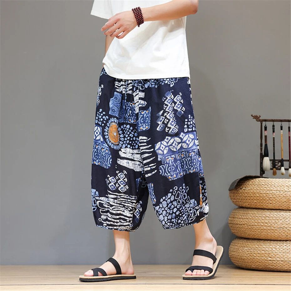 Large Size Harem Shorts Mens Summer Thin Cotton Linen Casual Trousers Men Harajuku Chinese Style Baggy Calf Length Pants Male