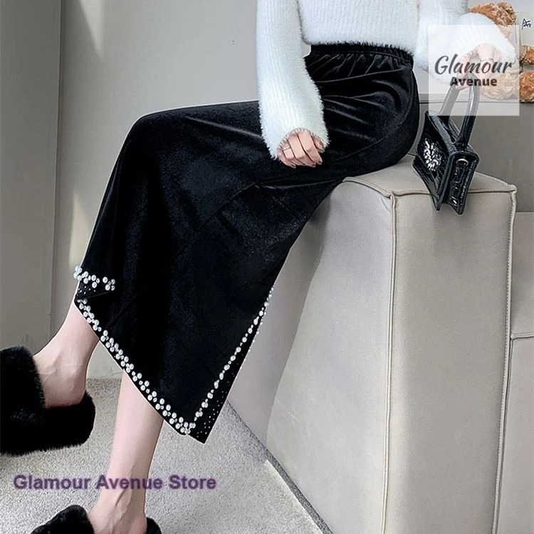 French drape velvet in autumn and winter plus velvet open fork beaded skirt women's spring and autumn new long straight skirt