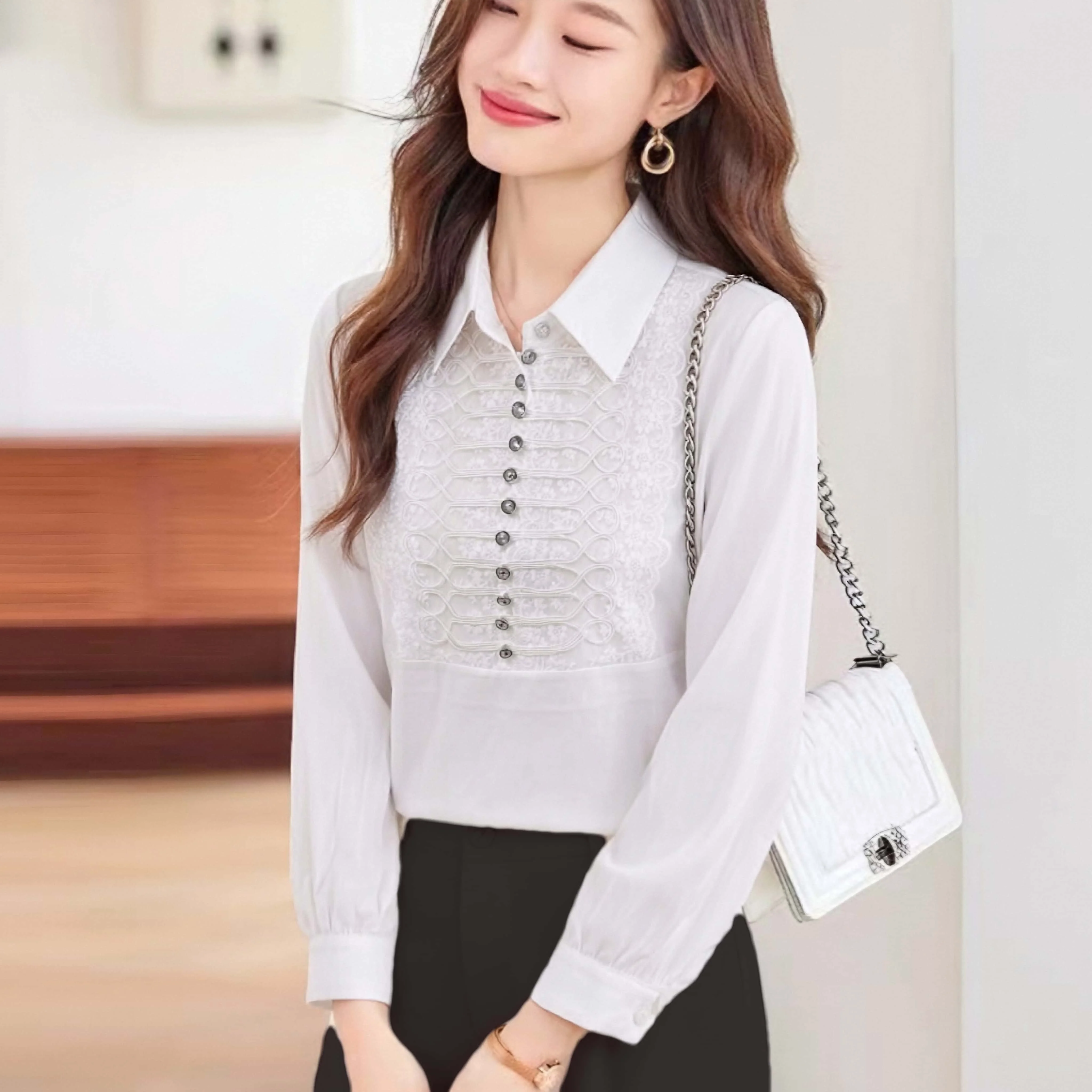 Spring Autumn New Arrival Vintage-Style Solid Long-Sleeve Women's Shirt Elegant Lace Splice Office Lady Blouse Tops