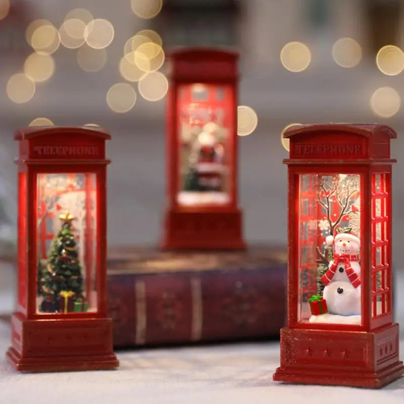 Christmas Red Vintage LuminousPhone Booth Lantern Christmas Tree Snowman Santa Claus Night Lamp ForTable Desk Dormitory Decor