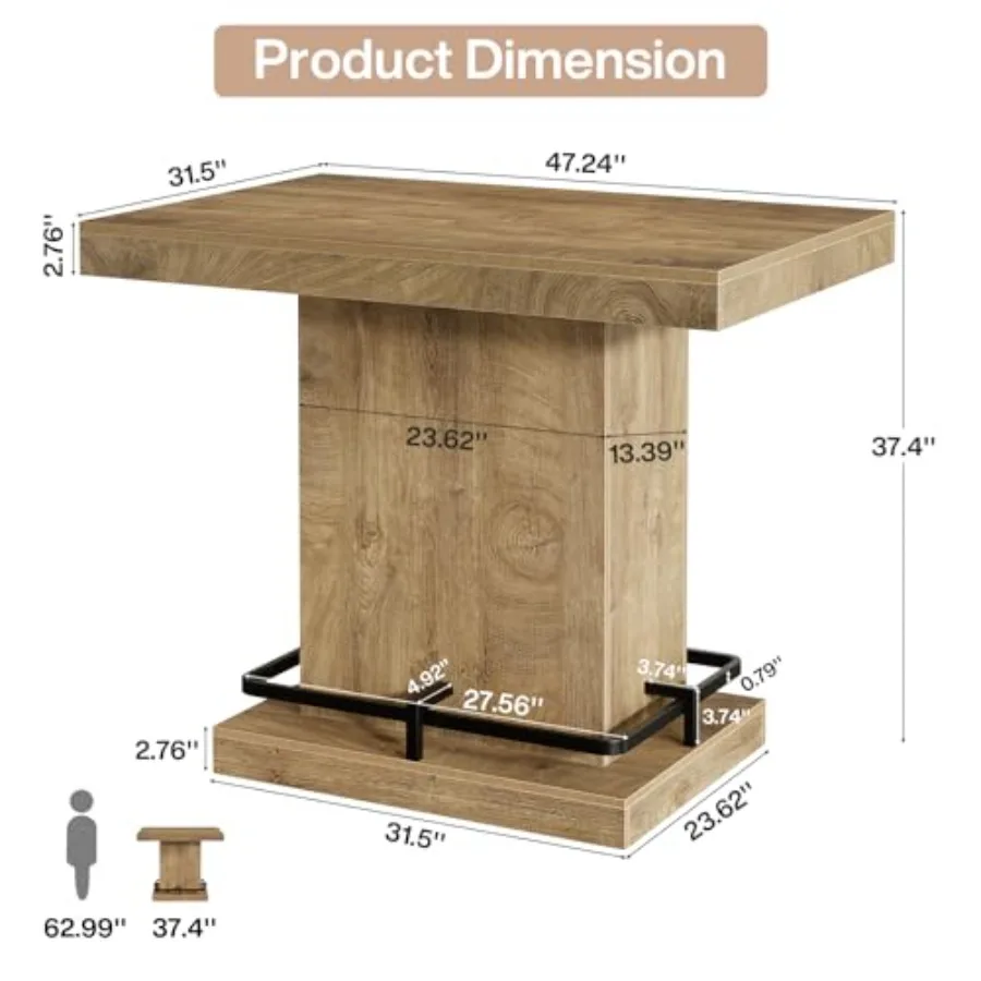 47 Bar Table for Small Bar, Dining, Coffee, Cocktail, Living Room: Industrial Bistro Pub Table with Metal Footrest, Rectangular