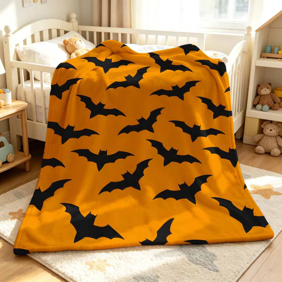 Orange Bat Dense Pack Flannel Blanket Warm Soft Halloween Christmas Decorative Couch Warm Cozy All-Season Gift