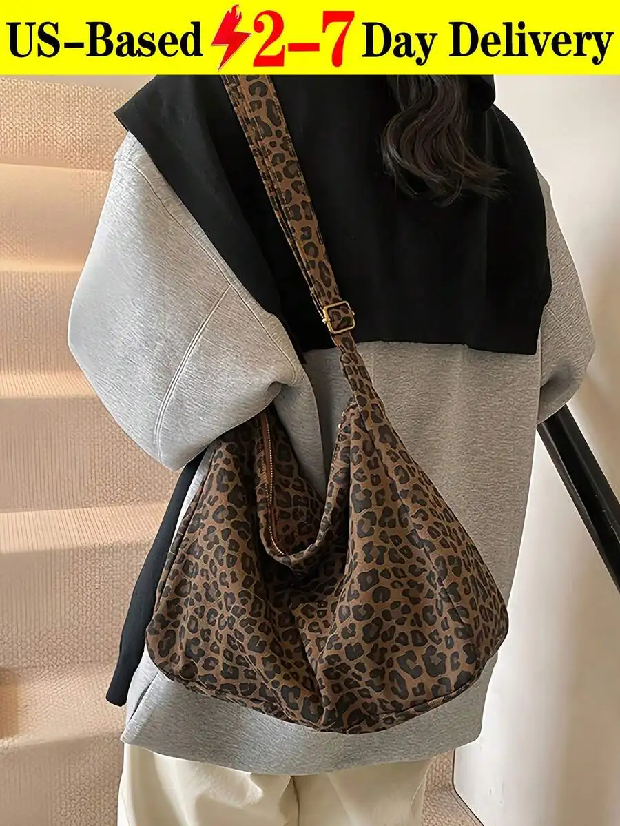 

Leopard Print Casual Tote Bag For Women Large Capacity Adjustable Crossbody Shoulder Bag