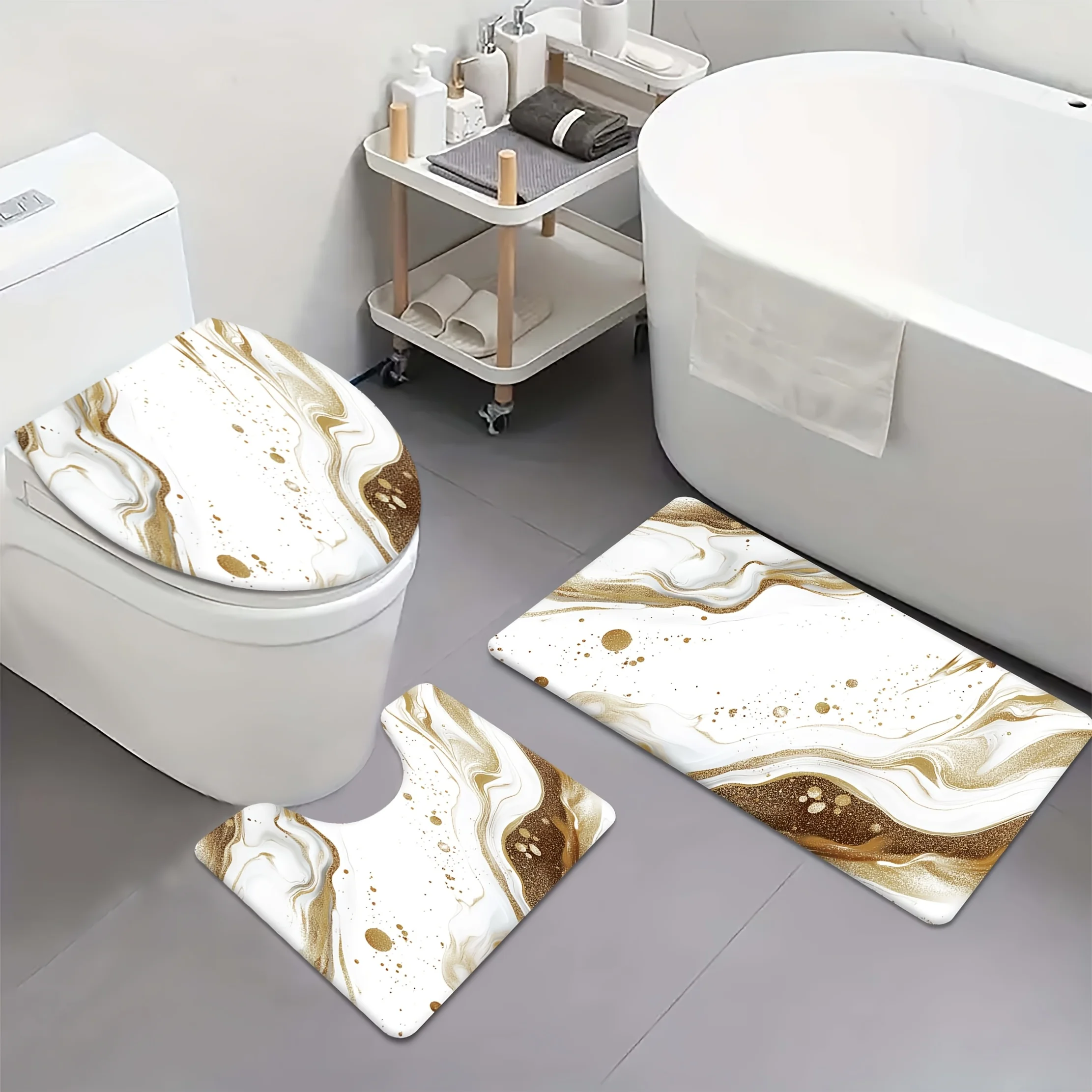 

3-Piece Marble Bathroom Mat Set - Non-Slip Polyester Blend Mat for Toilet/Bathtub/Shower/Bathroom Waterproof for Bathroom