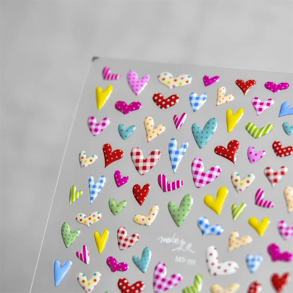 1pcs 5D Jelly Kawaii Checkered Loves Nail Art Charms Stickers Colorful Heart Acrylic Nail Decorations Decals DIY Adhesive Slider