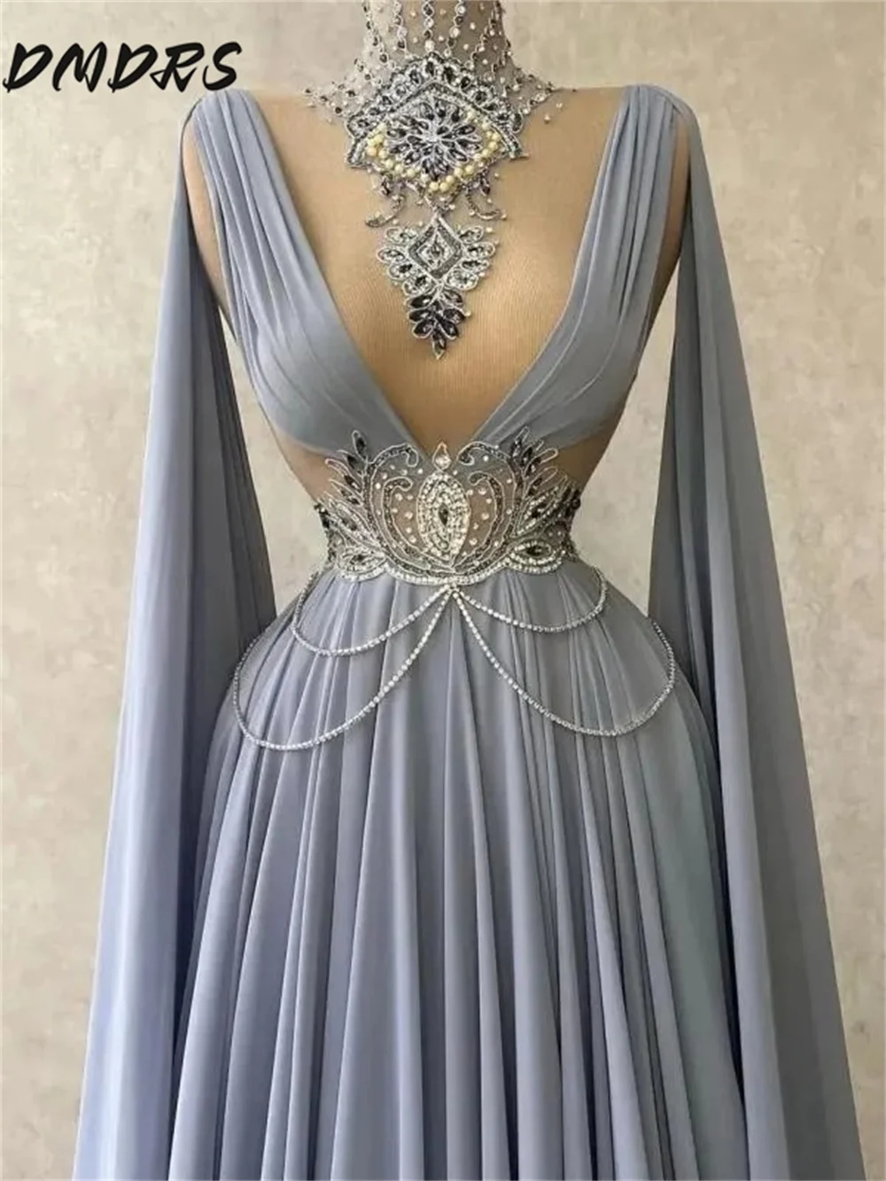 Luxurious Long Sleeve Evening Gown Stylish Beaded Party Dress Solemn A-Line Floor Length Gown Customized Vestidos De Novia